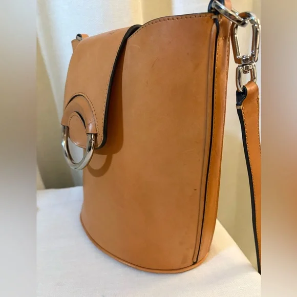Banana Republic Italian Vachetta 100% Leather Bucket Bag Natural Tan Silver Ring - Picture 8 of 11